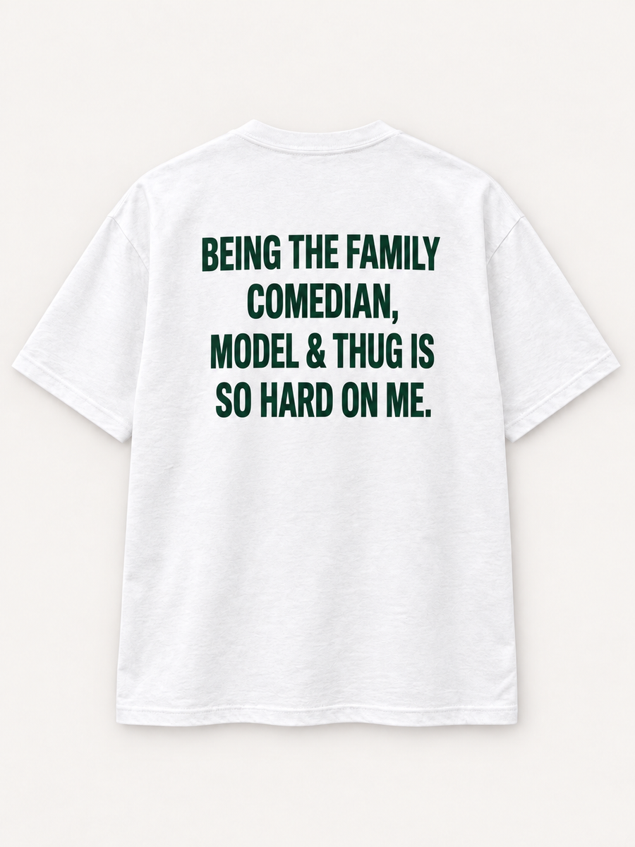 The Family Comedian, Model & Thug Tee — studio mockup
