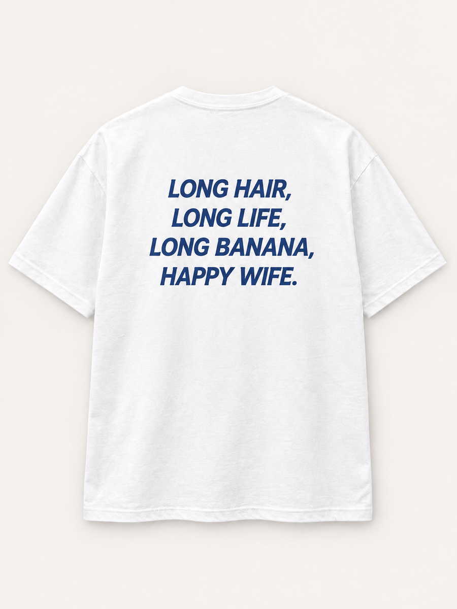 Long Hair, Happy Wife Tee — studio mockup