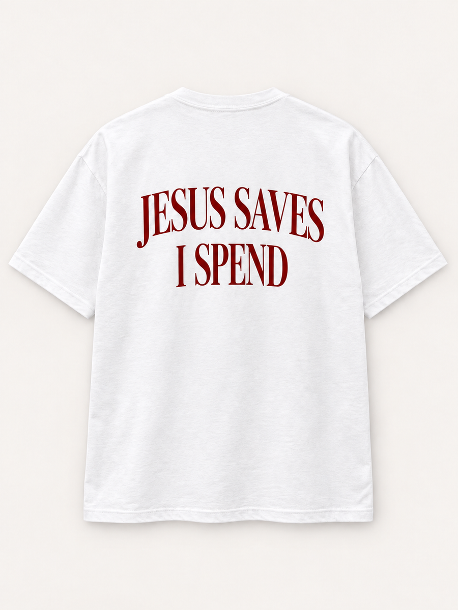 Jesus Saves, I Spend Tee — studio mockup